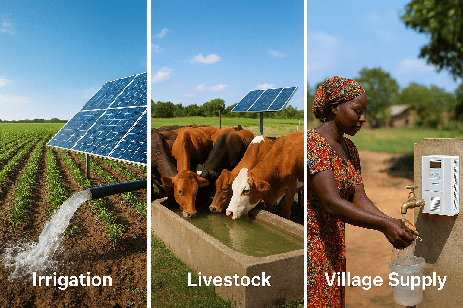 Solar water pump projects for irrigation livestock and village supply