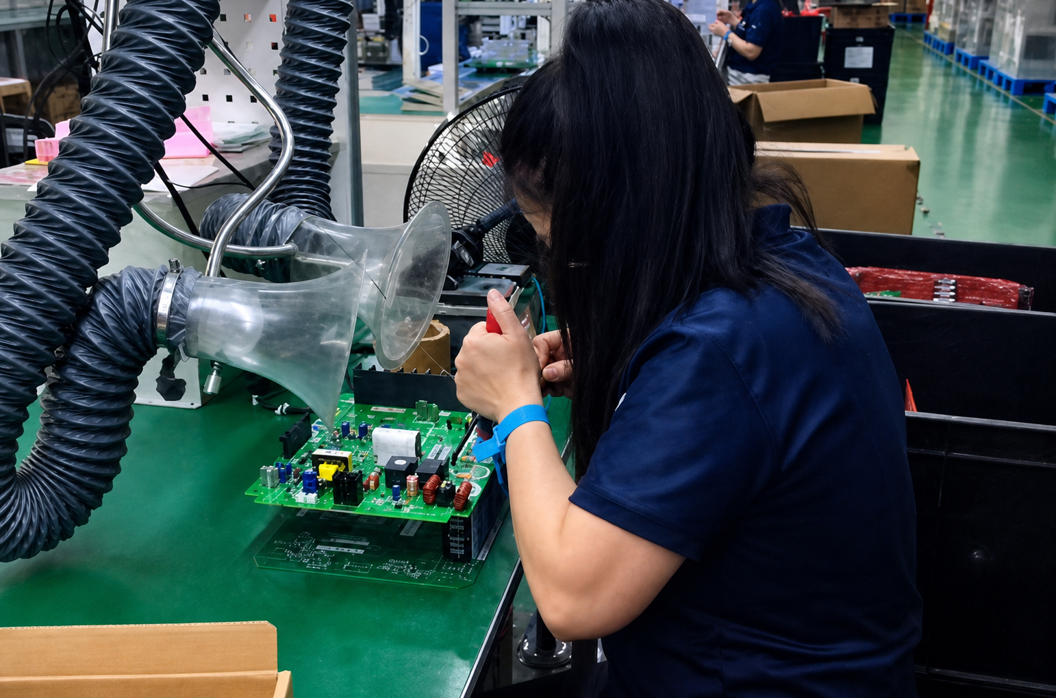 SolarSeeker worker assembling solar pump inverter control board in factory