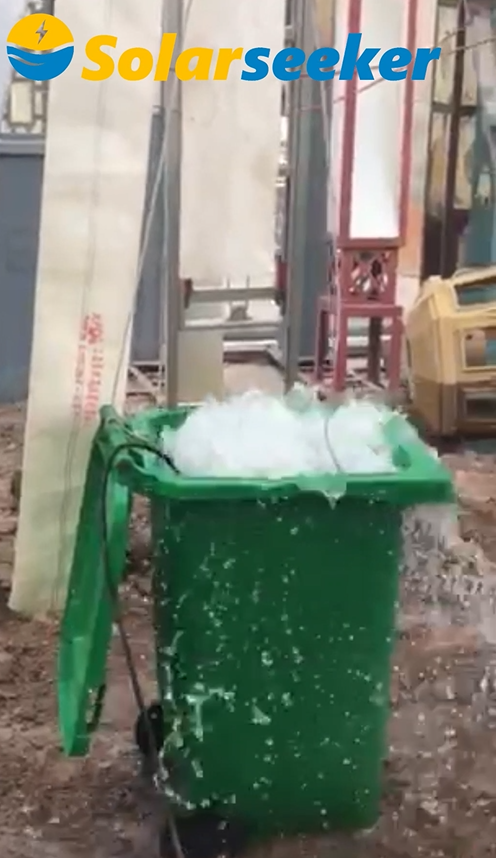 Northern China solar pool pump water discharge on cloudy day
