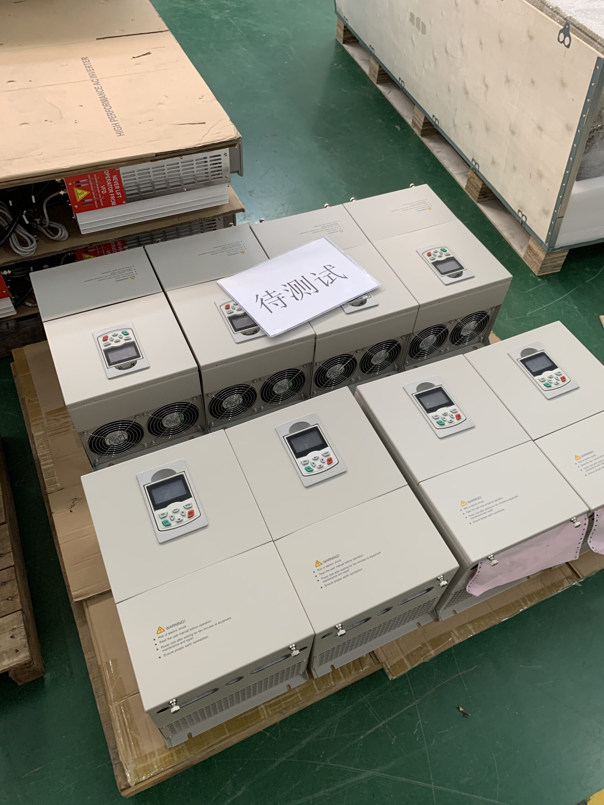 Solar pump inverters undergoing burn-in factory testing for thermal stability
