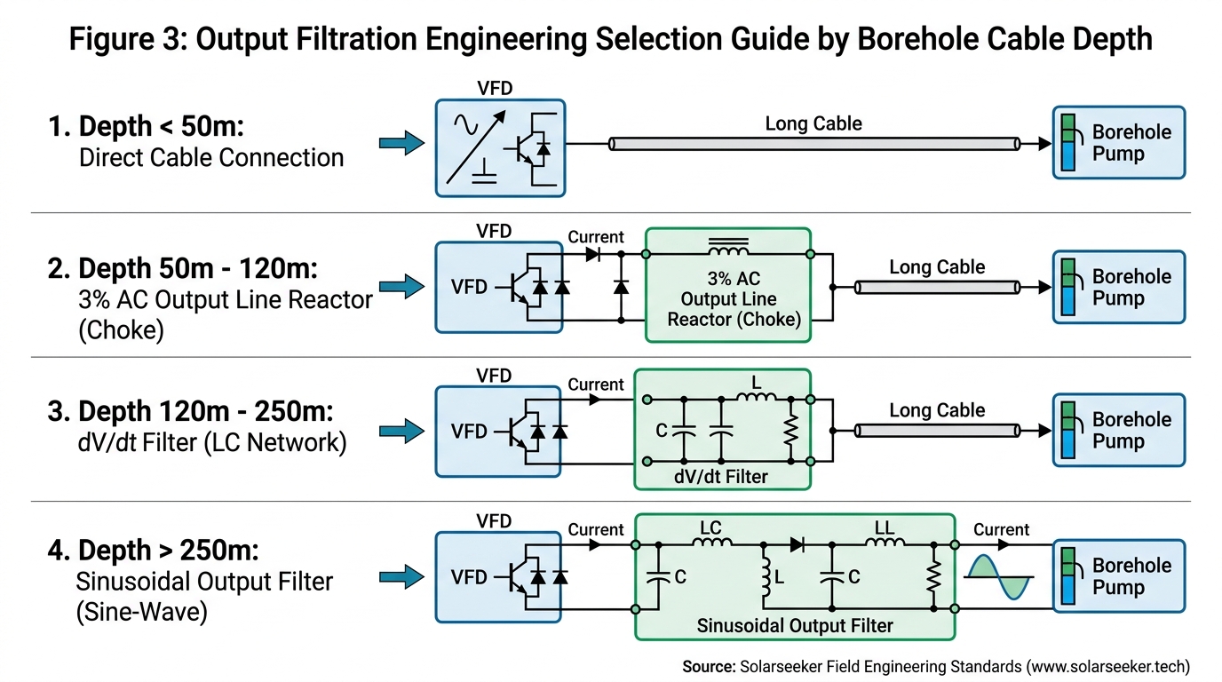 Engineering selection guide for AC line reactors, dV/dt filters, and sine-wave filters by borehole cable depth