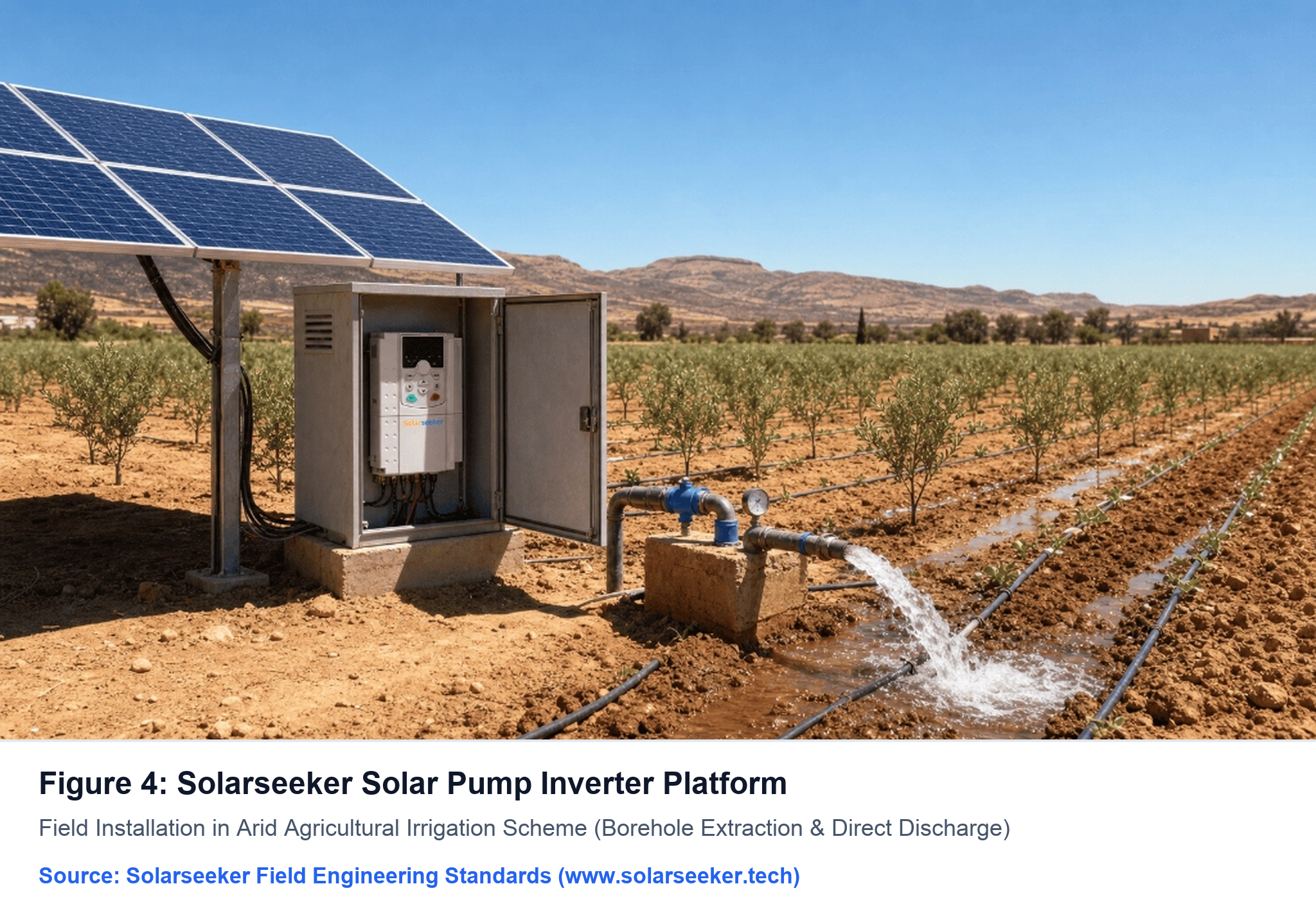 Solarseeker SP4 industrial solar pump inverter platform field installation in deep borehole agricultural irrigation